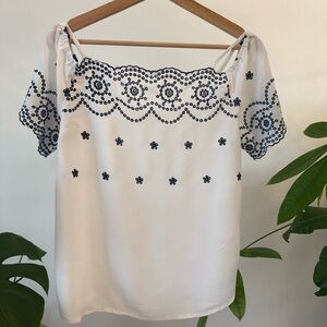 White Off-Shoulder Embroidered Peasant Blouse with Navy Accents
